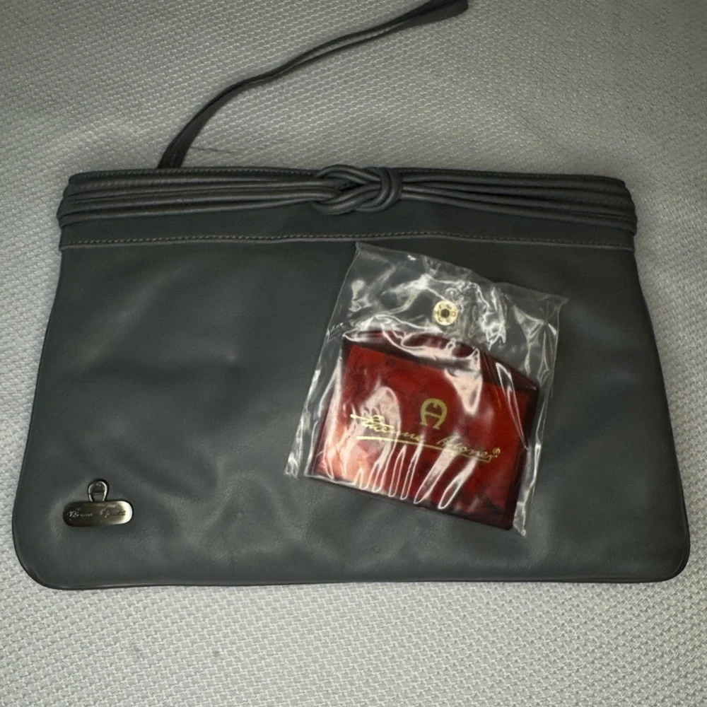 Vintage Etienne Aigner Gray Leather Wristlet Clutch Bag Mirror 1980s